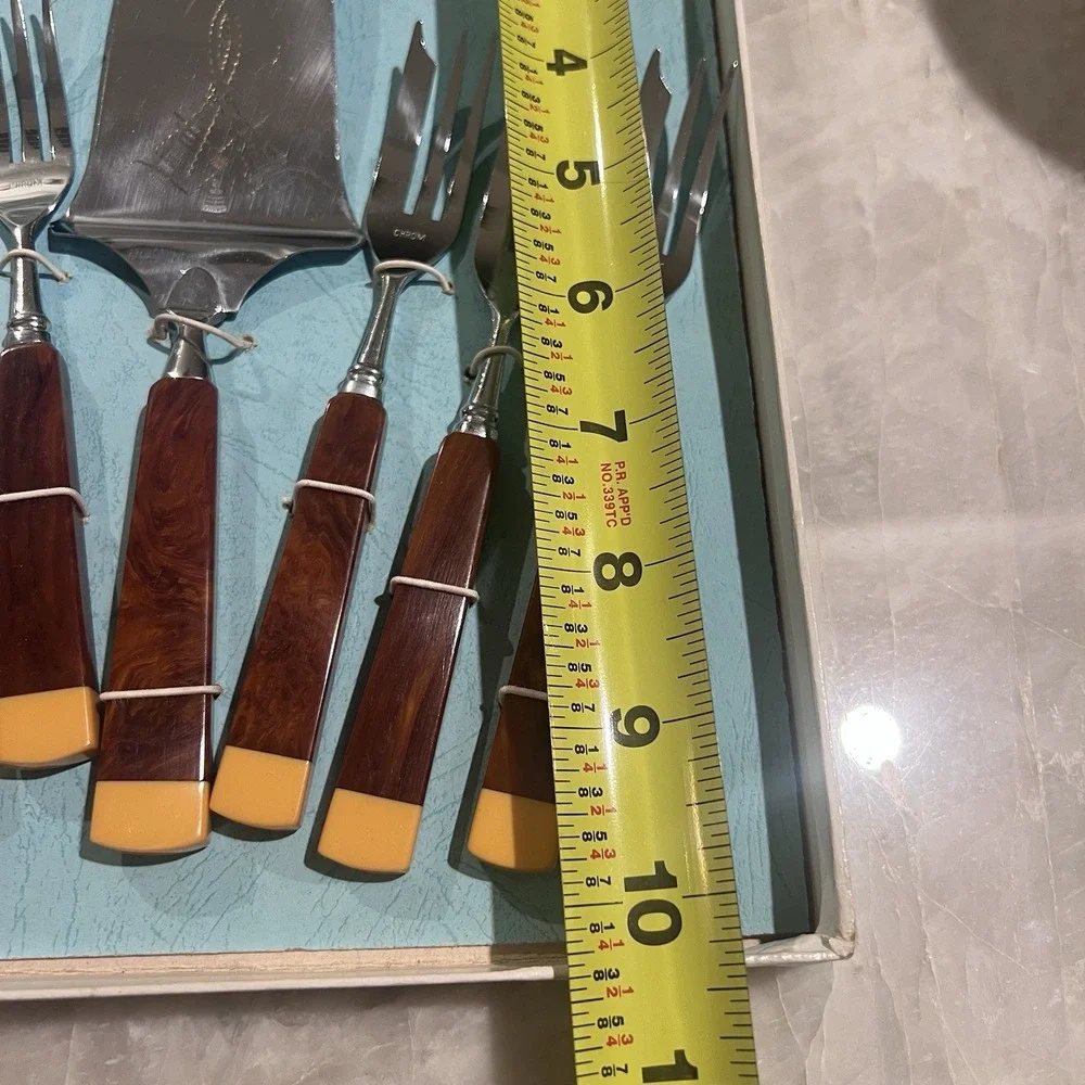 Vintage German Bakelite Cake Forks Server Set 7pc CHROM Art Deco Boxed